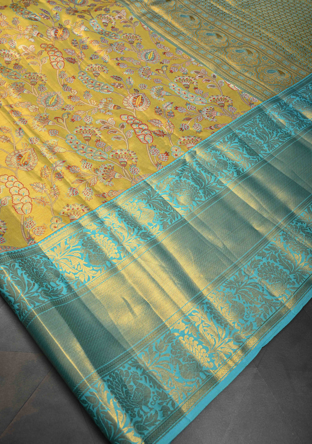 Neon Yellow Tissue Kanjivaram Silk Saree with Meenakari Floral Jaal and Wide Contrast Zari Border | SILK MARK CERTIFIED