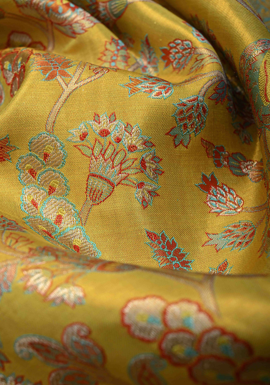 Neon Yellow Tissue Kanjivaram Silk Saree with Meenakari Floral Jaal and Wide Contrast Zari Border | SILK MARK CERTIFIED