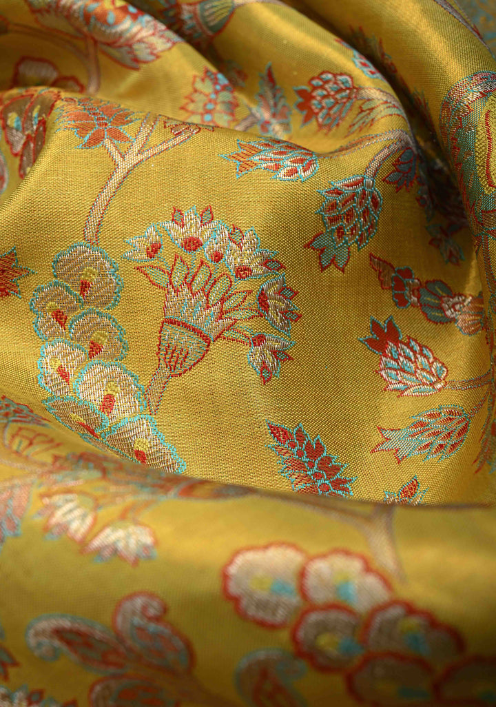 Neon Yellow Tissue Kanjivaram Silk Saree with Meenakari Floral Jaal and Wide Contrast Zari Border | SILK MARK CERTIFIED