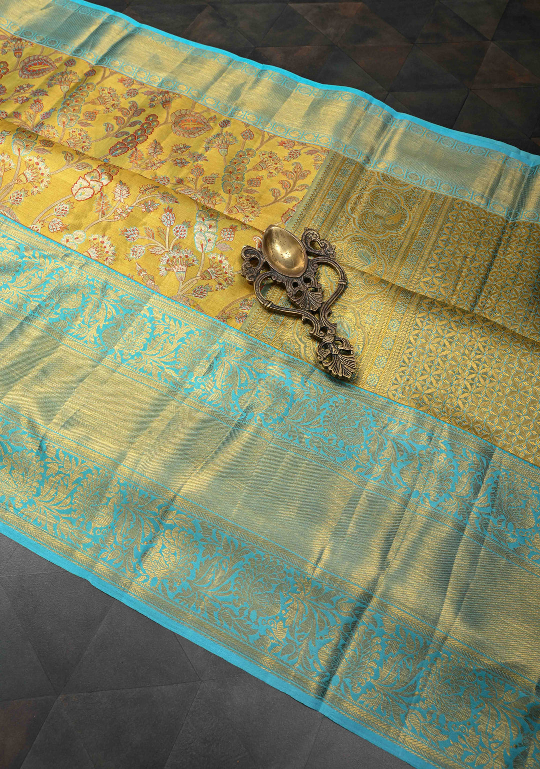 Neon Yellow Tissue Kanjivaram Silk Saree with Meenakari Floral Jaal and Wide Contrast Zari Border | SILK MARK CERTIFIED