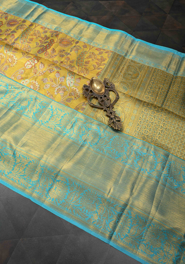 Neon Yellow Tissue Kanjivaram Silk Saree with Meenakari Floral Jaal and Wide Contrast Zari Border | SILK MARK CERTIFIED