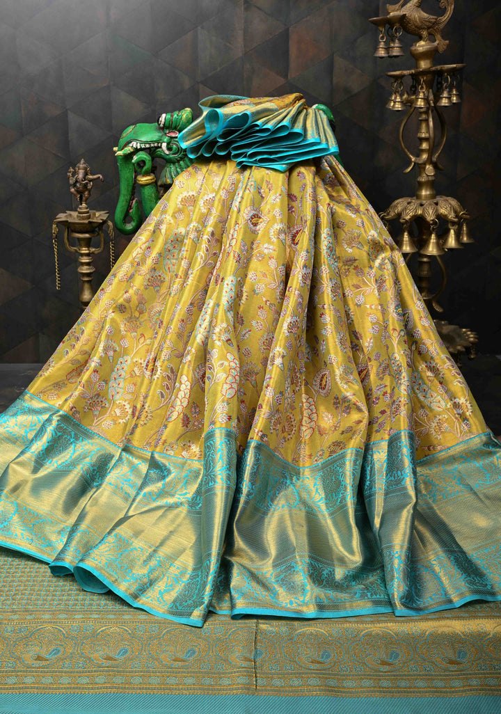 Neon Yellow Tissue Kanjivaram Silk Saree with Meenakari Floral Jaal and Wide Contrast Zari Border | SILK MARK CERTIFIED