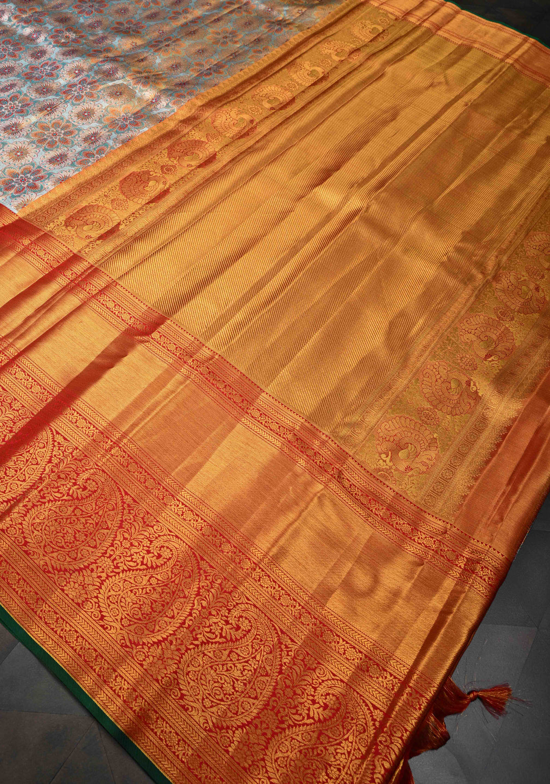 Turquoise Tissue Kanjivaram Silk Saree with Meenakari Floral Jaal and Contrast Wide Zari Border | SILK MARK CERTIFIED