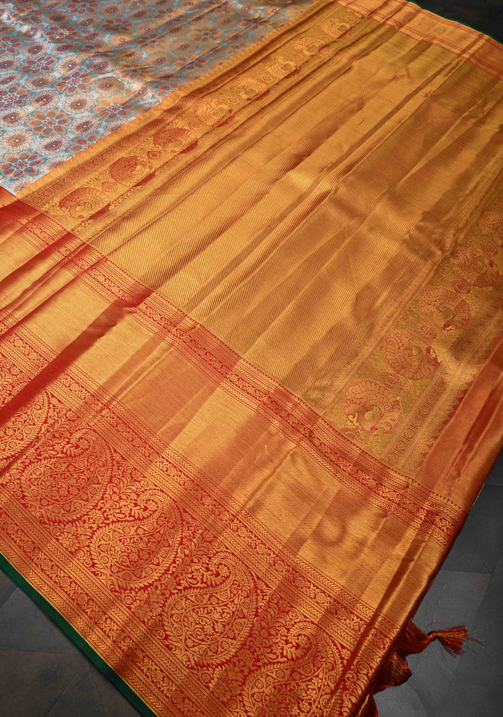 Turquoise Tissue Kanjivaram Silk Saree with Meenakari Floral Jaal and Contrast Wide Zari Border | SILK MARK CERTIFIED