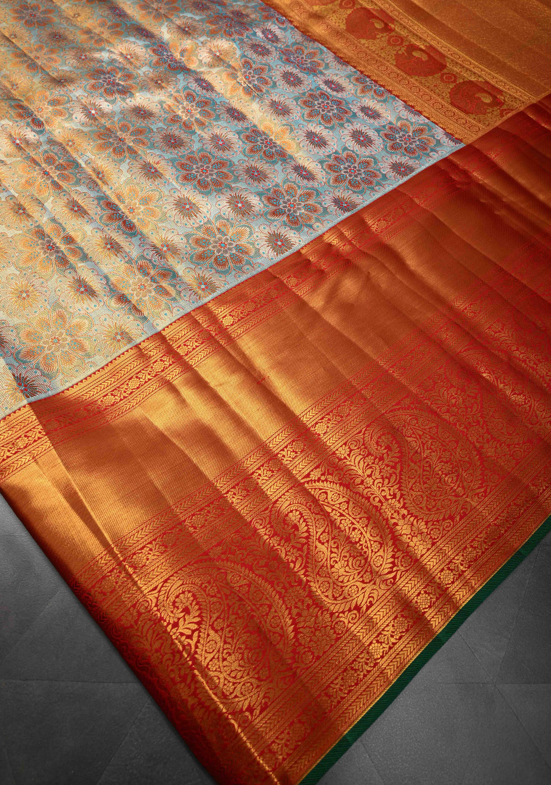 Turquoise Tissue Kanjivaram Silk Saree with Meenakari Floral Jaal and Contrast Wide Zari Border | SILK MARK CERTIFIED