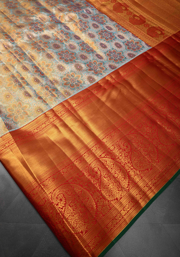 Turquoise Tissue Kanjivaram Silk Saree with Meenakari Floral Jaal and Contrast Wide Zari Border | SILK MARK CERTIFIED