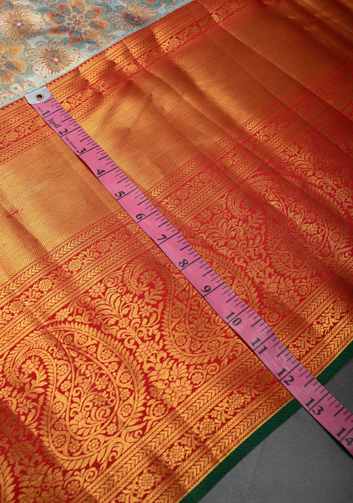 Turquoise Tissue Kanjivaram Silk Saree with Meenakari Floral Jaal and Contrast Wide Zari Border | SILK MARK CERTIFIED
