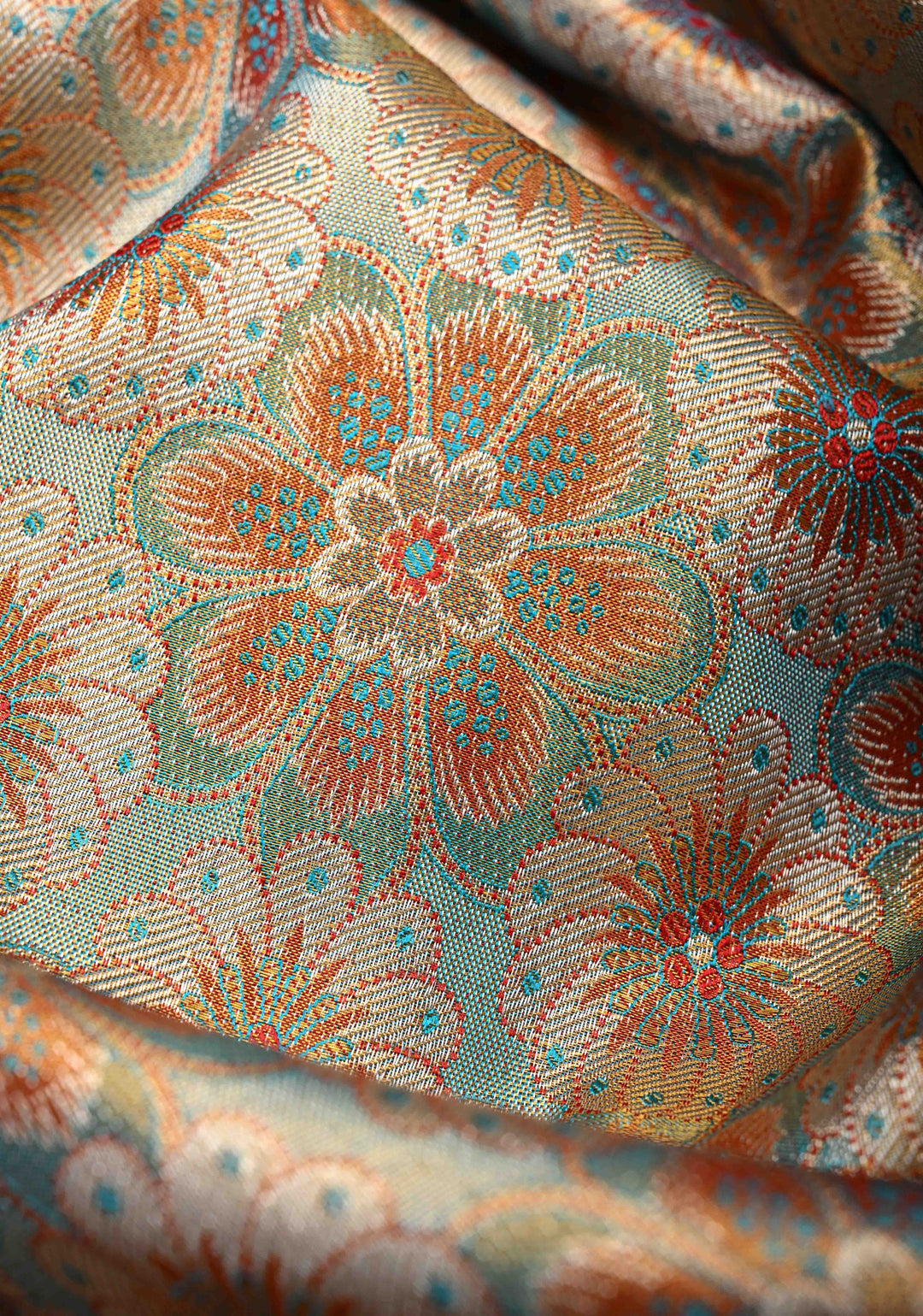 Turquoise Tissue Kanjivaram Silk Saree with Meenakari Floral Jaal and Contrast Wide Zari Border | SILK MARK CERTIFIED