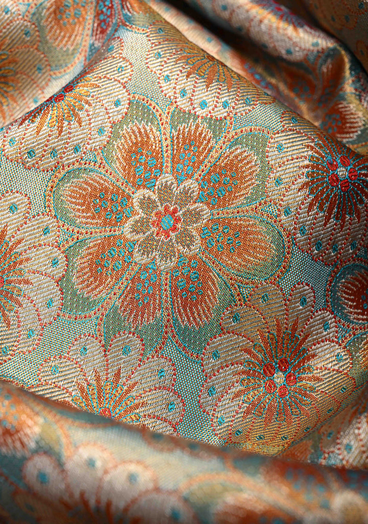 Turquoise Tissue Kanjivaram Silk Saree with Meenakari Floral Jaal and Contrast Wide Zari Border | SILK MARK CERTIFIED