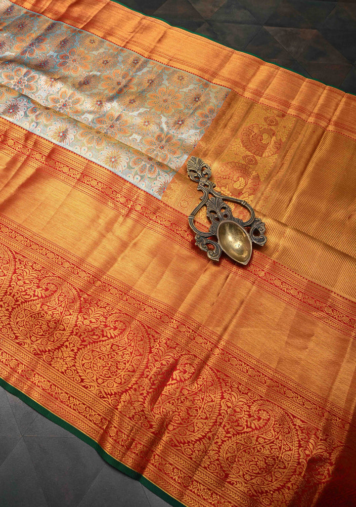 Turquoise Tissue Kanjivaram Silk Saree with Meenakari Floral Jaal and Contrast Wide Zari Border | SILK MARK CERTIFIED