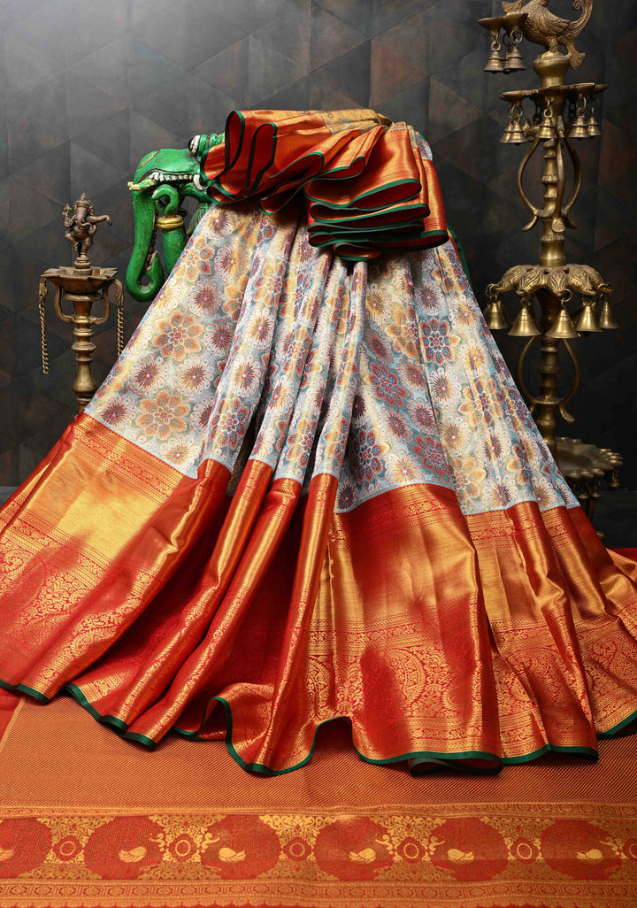 Turquoise Tissue Kanjivaram Silk Saree with Meenakari Floral Jaal and Contrast Wide Zari Border | SILK MARK CERTIFIED