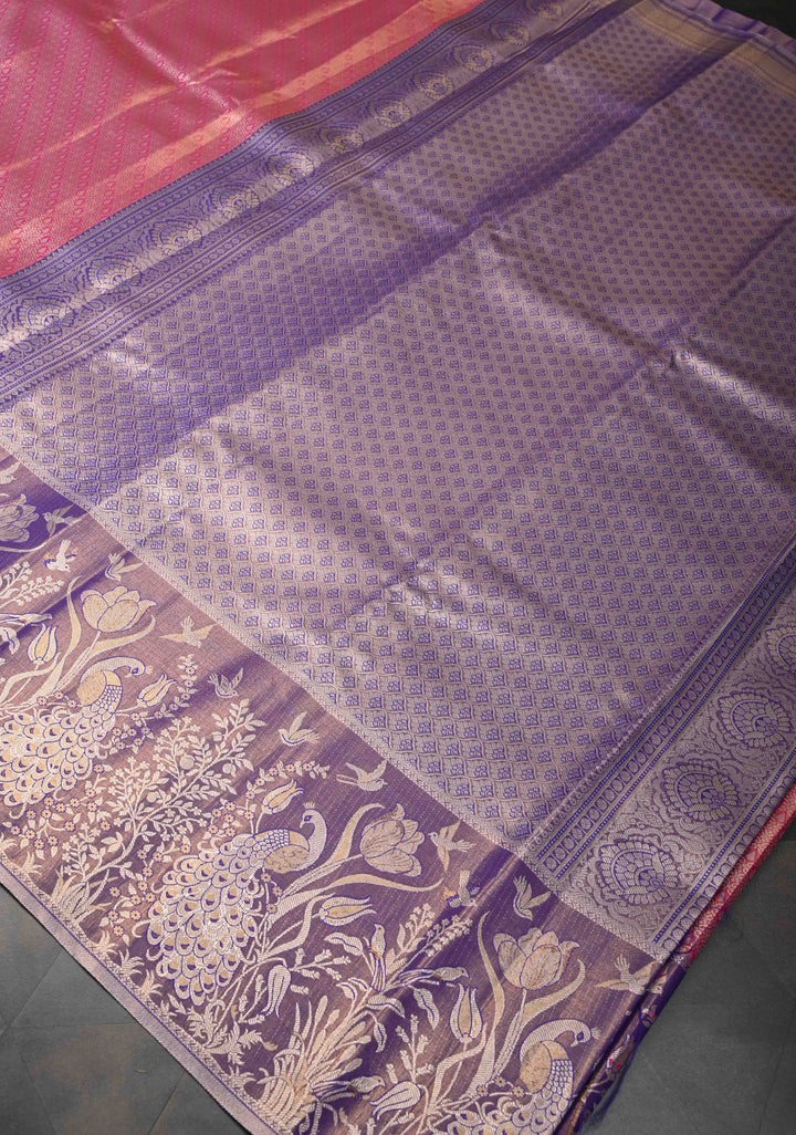 Dark Pink Semi Silk Tissue Kanjivaram Saree with Brocade and Contrast Meenakari Peacock Zari Border