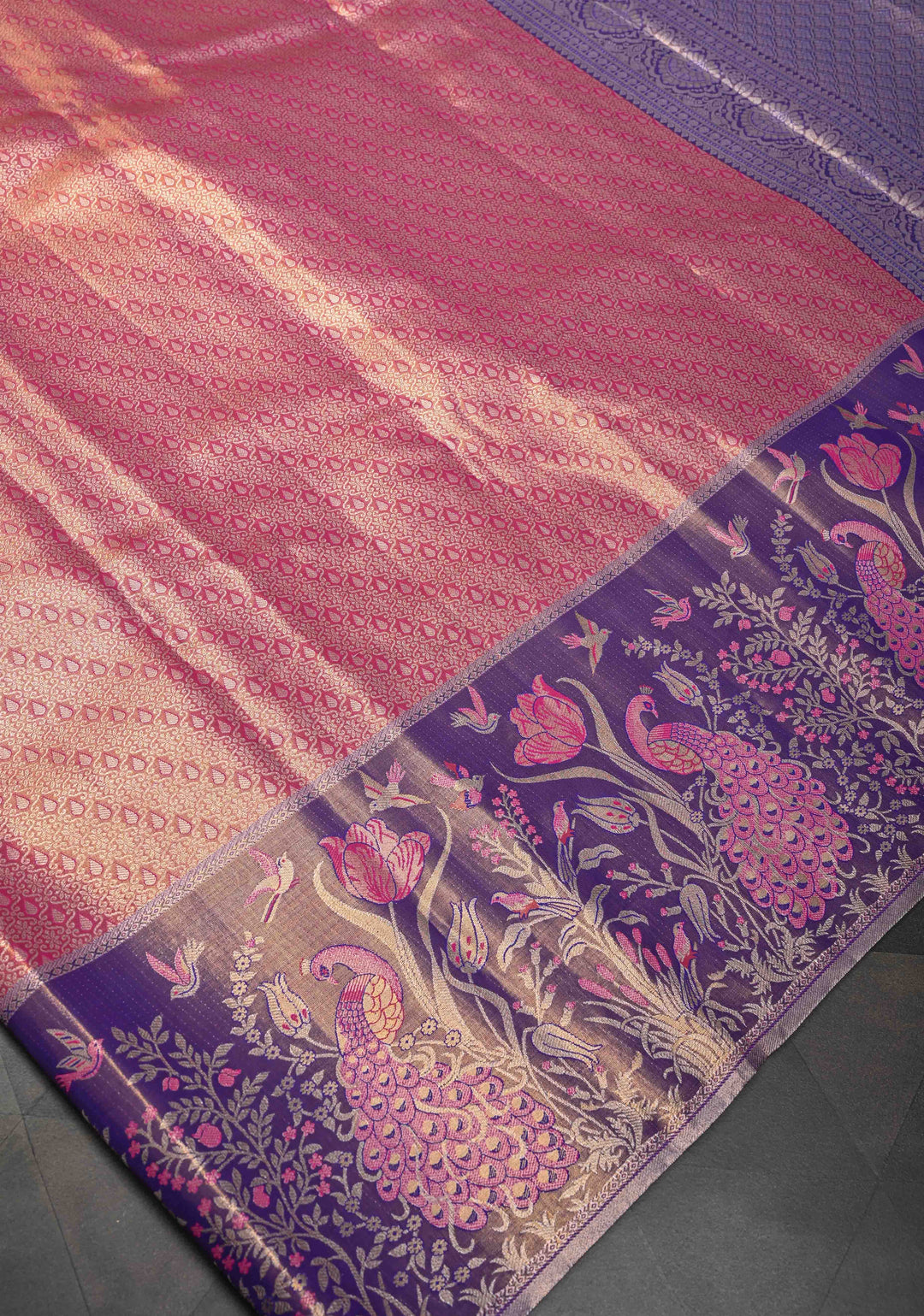 Dark Pink Semi Silk Tissue Kanjivaram Saree with Brocade and Contrast Meenakari Peacock Zari Border