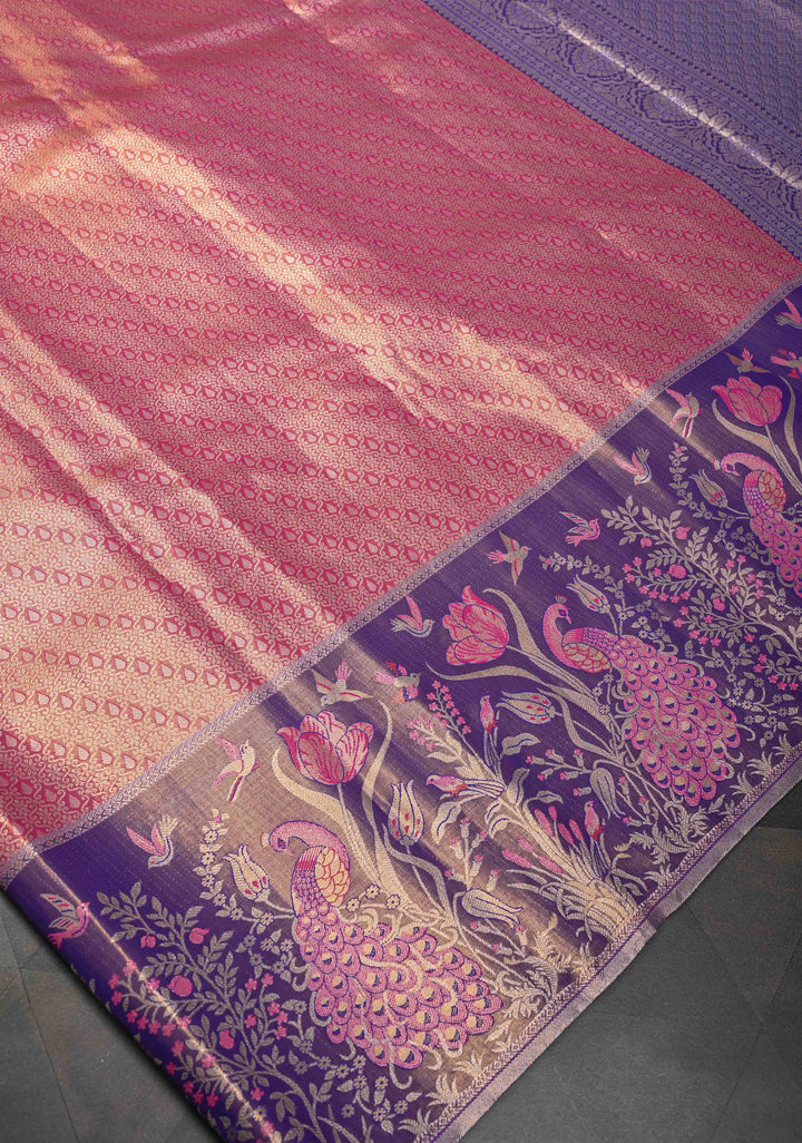 Dark Pink Semi Silk Tissue Kanjivaram Saree with Brocade and Contrast Meenakari Peacock Zari Border