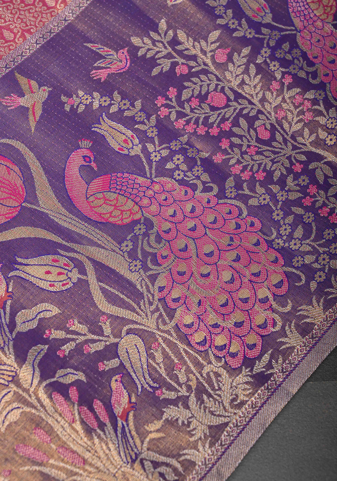 Dark Pink Semi Silk Tissue Kanjivaram Saree with Brocade and Contrast Meenakari Peacock Zari Border