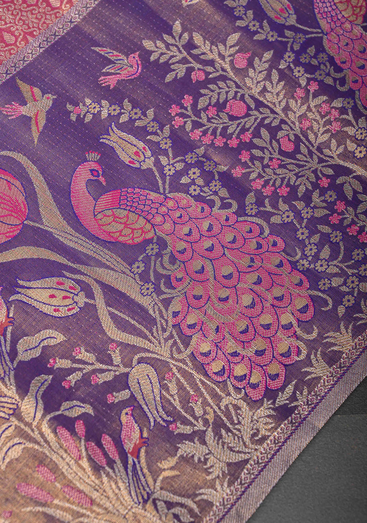Dark Pink Semi Silk Tissue Kanjivaram Saree with Brocade and Contrast Meenakari Peacock Zari Border