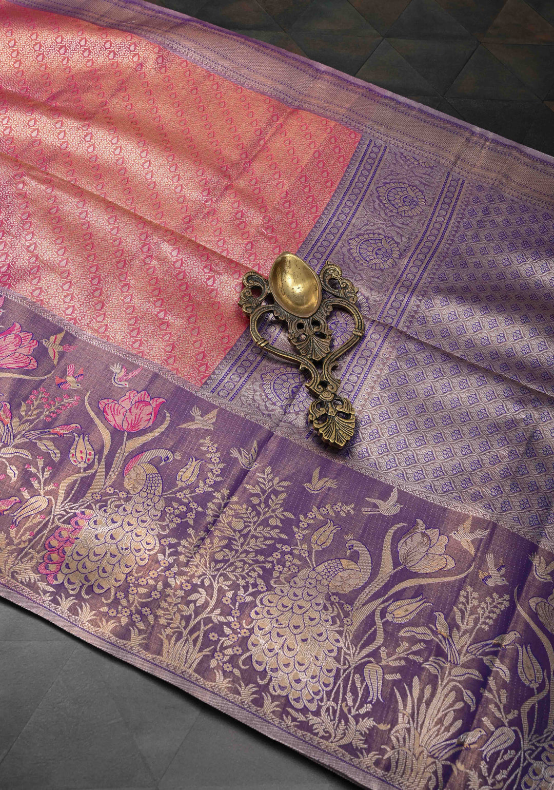 Dark Pink Semi Silk Tissue Kanjivaram Saree with Brocade and Contrast Meenakari Peacock Zari Border
