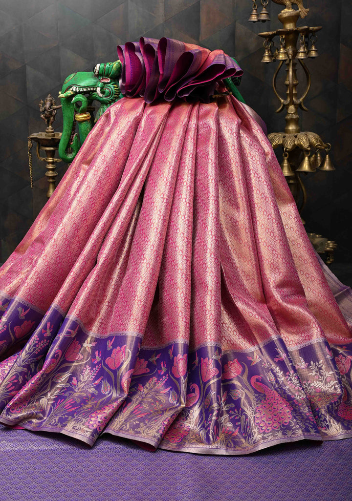 Dark Pink Semi Silk Tissue Kanjivaram Saree with Brocade and Contrast Meenakari Peacock Zari Border