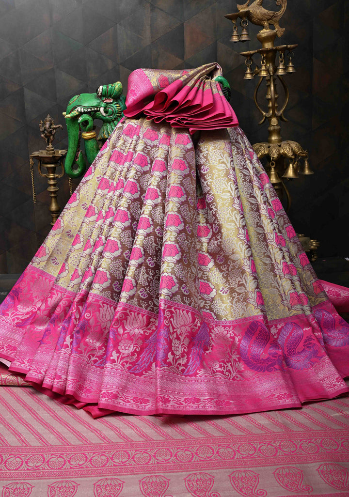 Golden Dual Tone Kanjivaram Tissue Semi Silk Saree with Meenakari Brocade and Contrast Birds Zari Border
