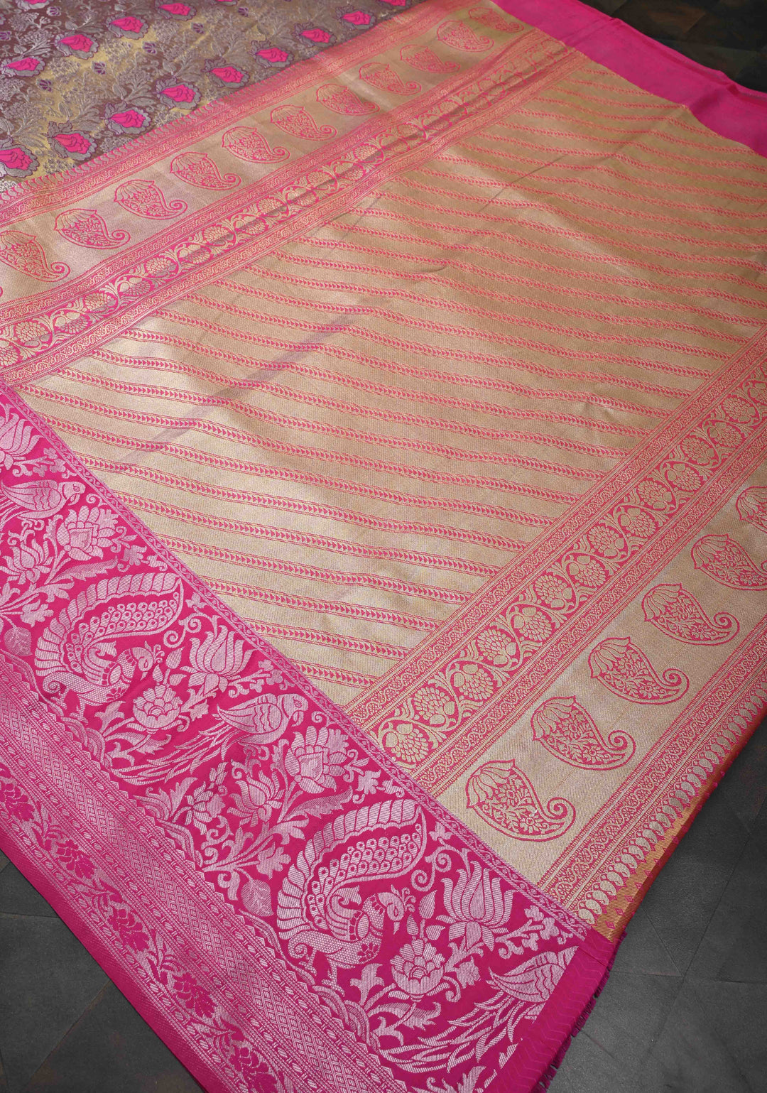 Golden Dual Tone Kanjivaram Tissue Semi Silk Saree with Meenakari Brocade and Contrast Birds Zari Border