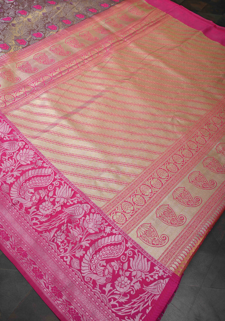 Golden Dual Tone Kanjivaram Tissue Semi Silk Saree with Meenakari Brocade and Contrast Birds Zari Border