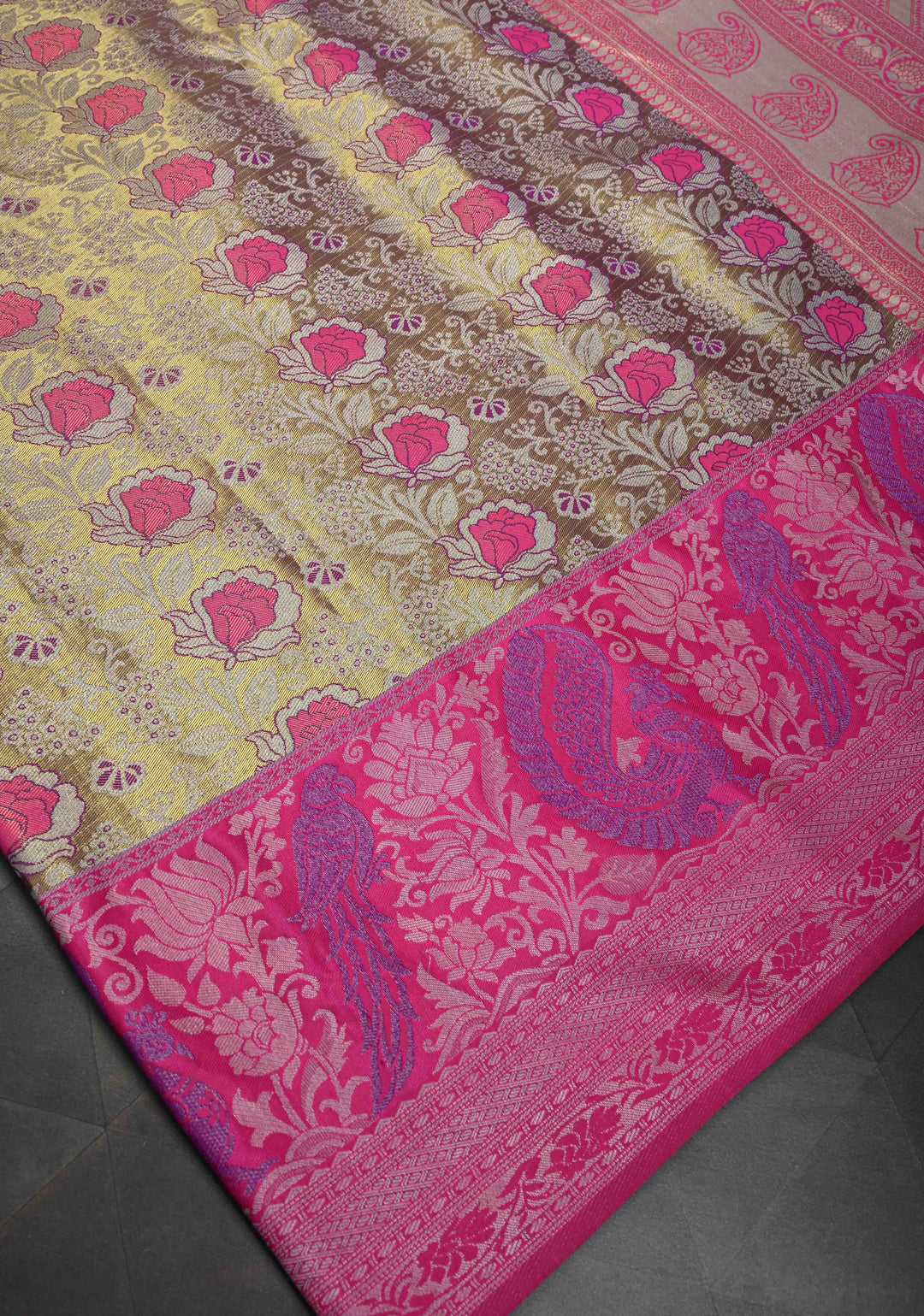 Golden Dual Tone Kanjivaram Tissue Semi Silk Saree with Meenakari Brocade and Contrast Birds Zari Border