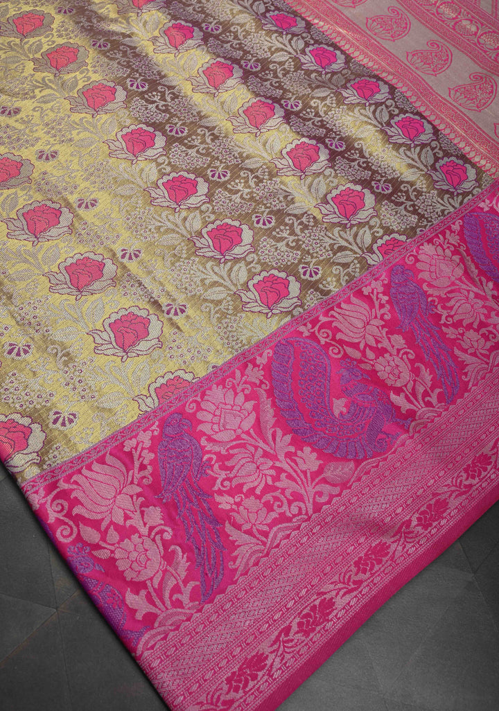 Golden Dual Tone Kanjivaram Tissue Semi Silk Saree with Meenakari Brocade and Contrast Birds Zari Border