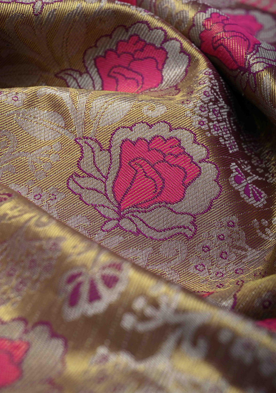 Golden Dual Tone Kanjivaram Tissue Semi Silk Saree with Meenakari Brocade and Contrast Birds Zari Border