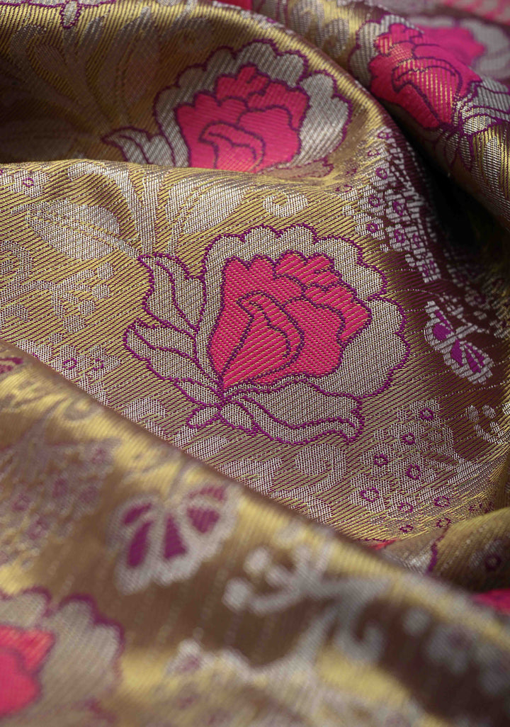 Golden Dual Tone Kanjivaram Tissue Semi Silk Saree with Meenakari Brocade and Contrast Birds Zari Border