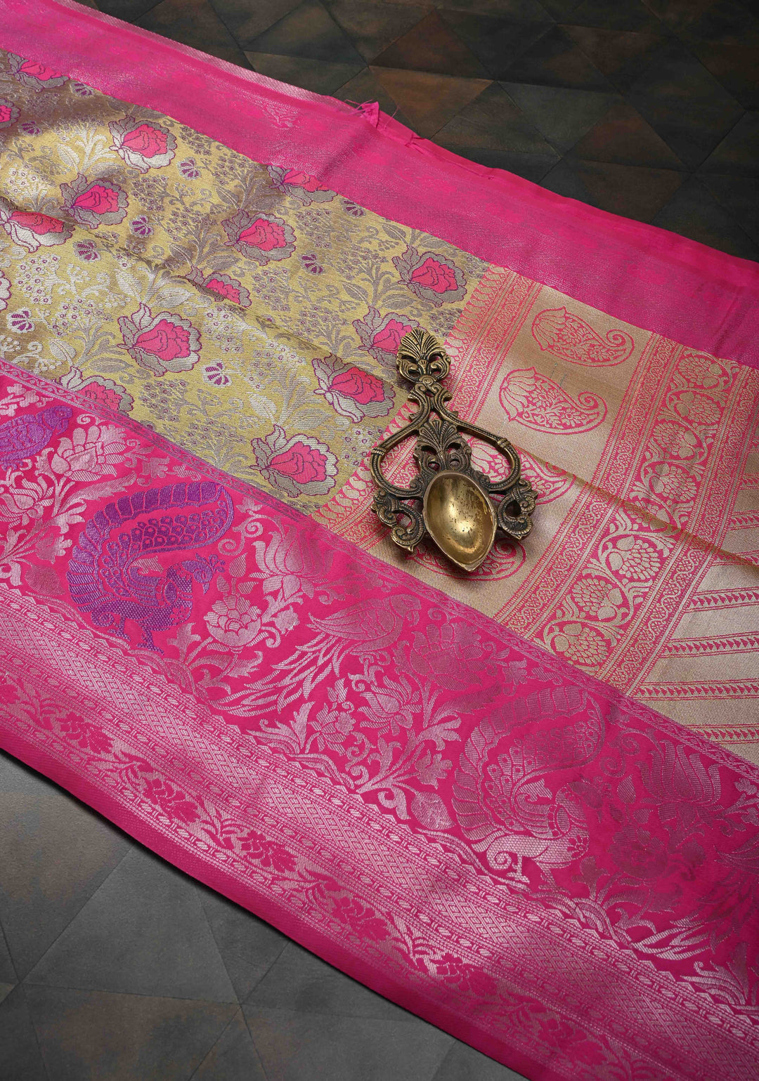 Golden Dual Tone Kanjivaram Tissue Semi Silk Saree with Meenakari Brocade and Contrast Birds Zari Border