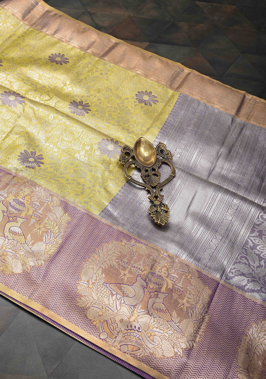 Dull Yellow Semi Silk Tissue Kanjivaram Saree with Meenakari Brocade Jaal and Bohemian Waxwing Zari Border
