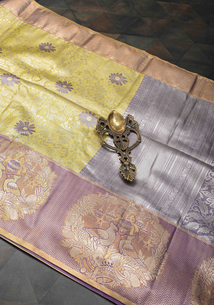 Dull Yellow Semi Silk Tissue Kanjivaram Saree with Meenakari Brocade Jaal and Bohemian Waxwing Zari Border