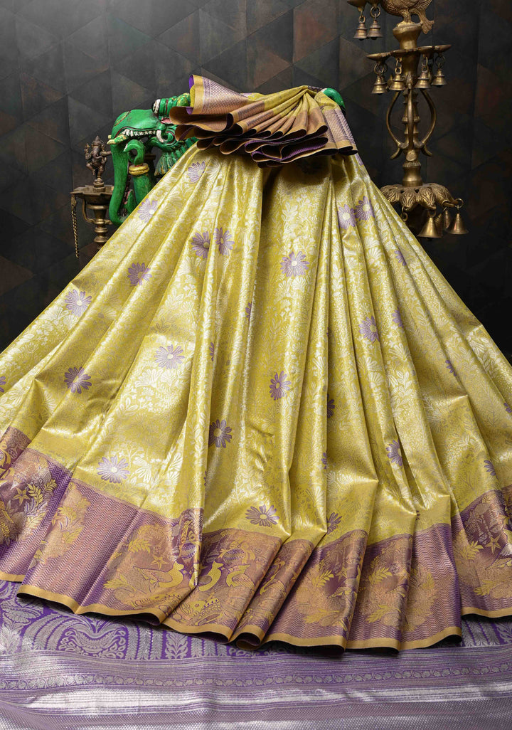 Dull Yellow Semi Silk Tissue Kanjivaram Saree with Meenakari Brocade Jaal and Bohemian Waxwing Zari Border