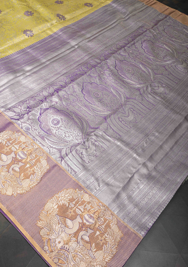Dull Yellow Semi Silk Tissue Kanjivaram Saree with Meenakari Brocade Jaal and Bohemian Waxwing Zari Border