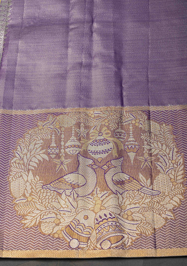 Dull Yellow Semi Silk Tissue Kanjivaram Saree with Meenakari Brocade Jaal and Bohemian Waxwing Zari Border