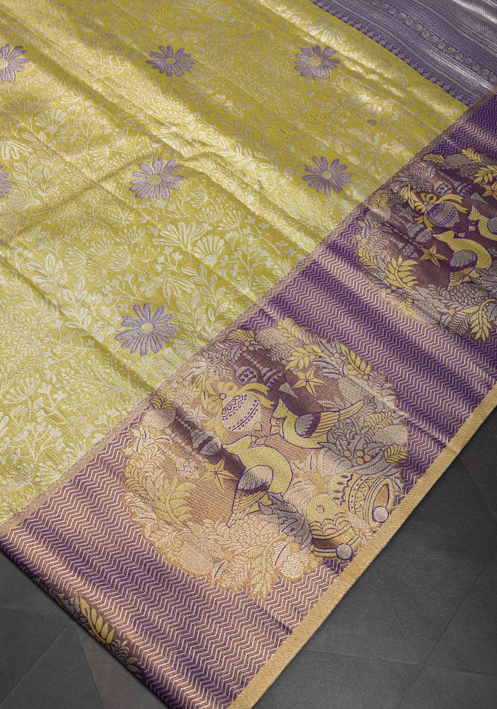 Dull Yellow Semi Silk Tissue Kanjivaram Saree with Meenakari Brocade Jaal and Bohemian Waxwing Zari Border