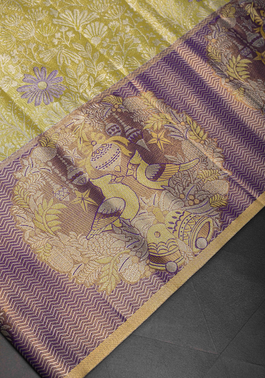 Dull Yellow Semi Silk Tissue Kanjivaram Saree with Meenakari Brocade Jaal and Bohemian Waxwing Zari Border
