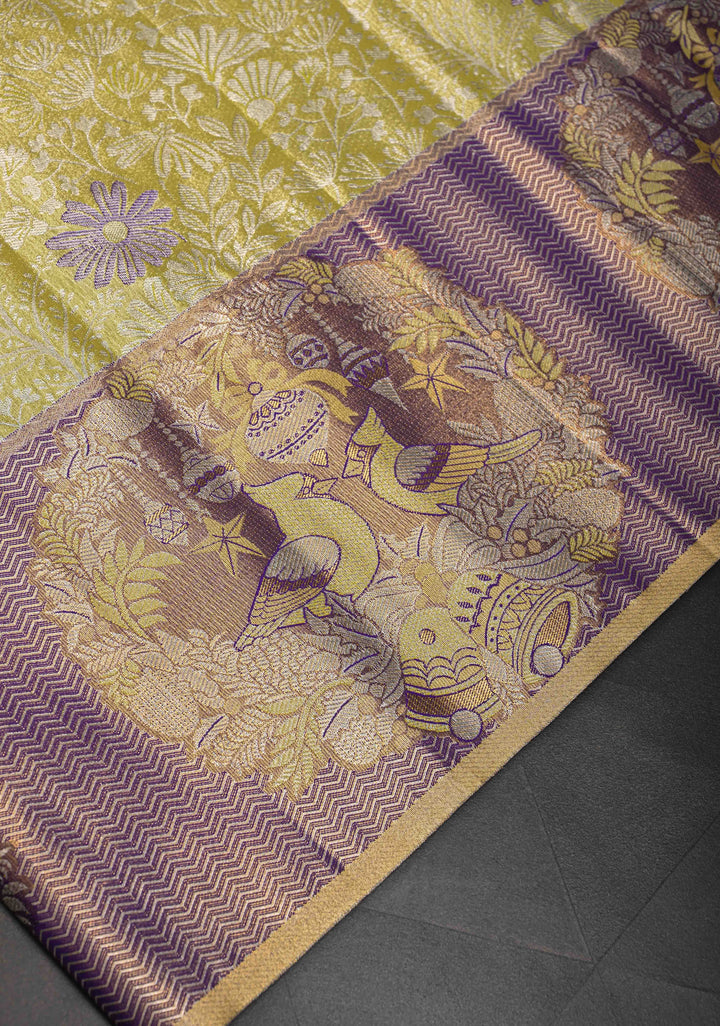 Dull Yellow Semi Silk Tissue Kanjivaram Saree with Meenakari Brocade Jaal and Bohemian Waxwing Zari Border
