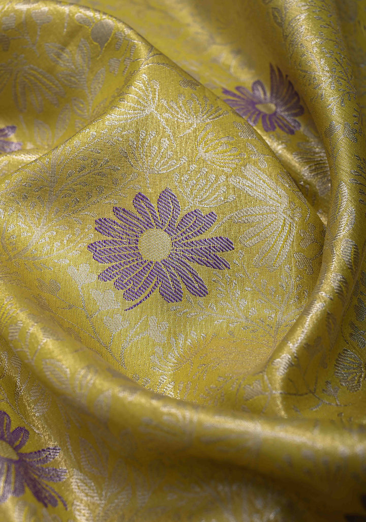 Dull Yellow Semi Silk Tissue Kanjivaram Saree with Meenakari Brocade Jaal and Bohemian Waxwing Zari Border