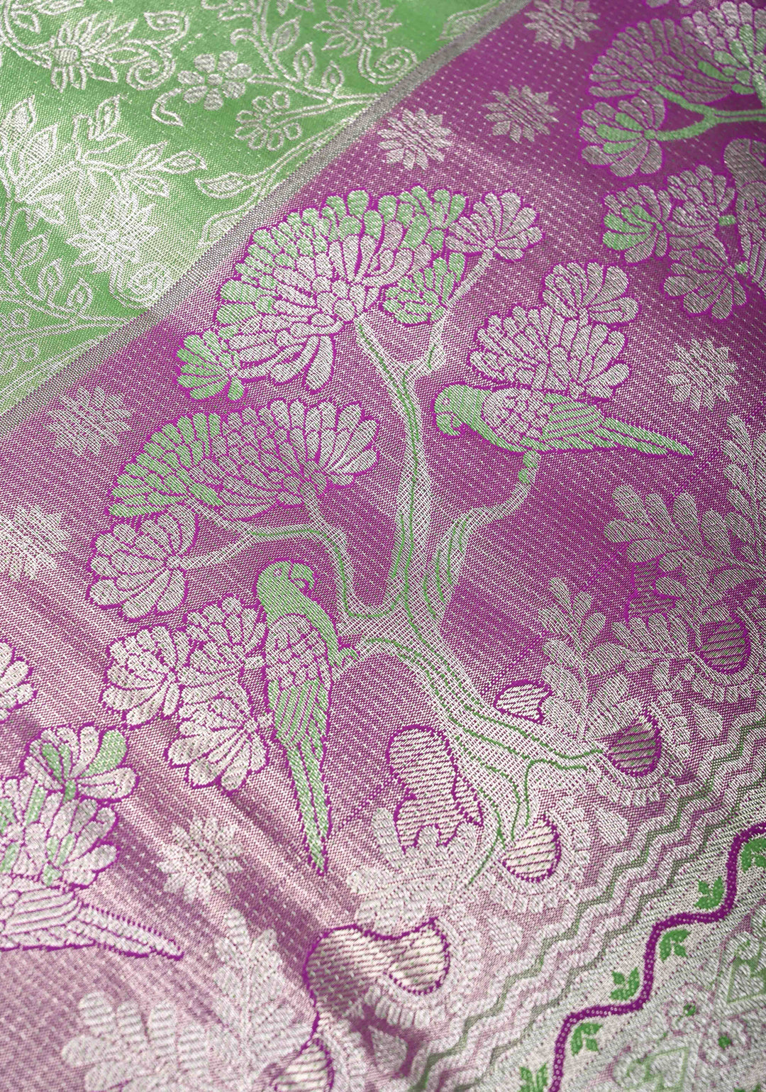 Dark Pista Green Semi Silk Tissue Kanjivaram Saree with Brocade Jaal and Contrast Meenakari Parrot Zari Border