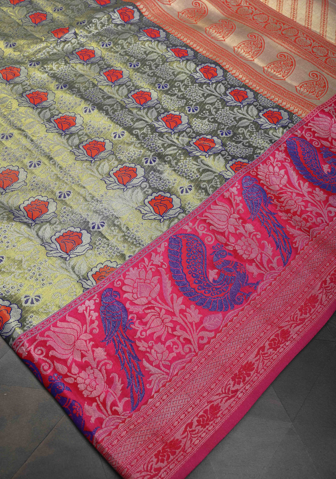 Blue-Gold Semi Silk Tissue Kanjivaram Saree with Meenakari Jaal and Contrast Birds Zari Border