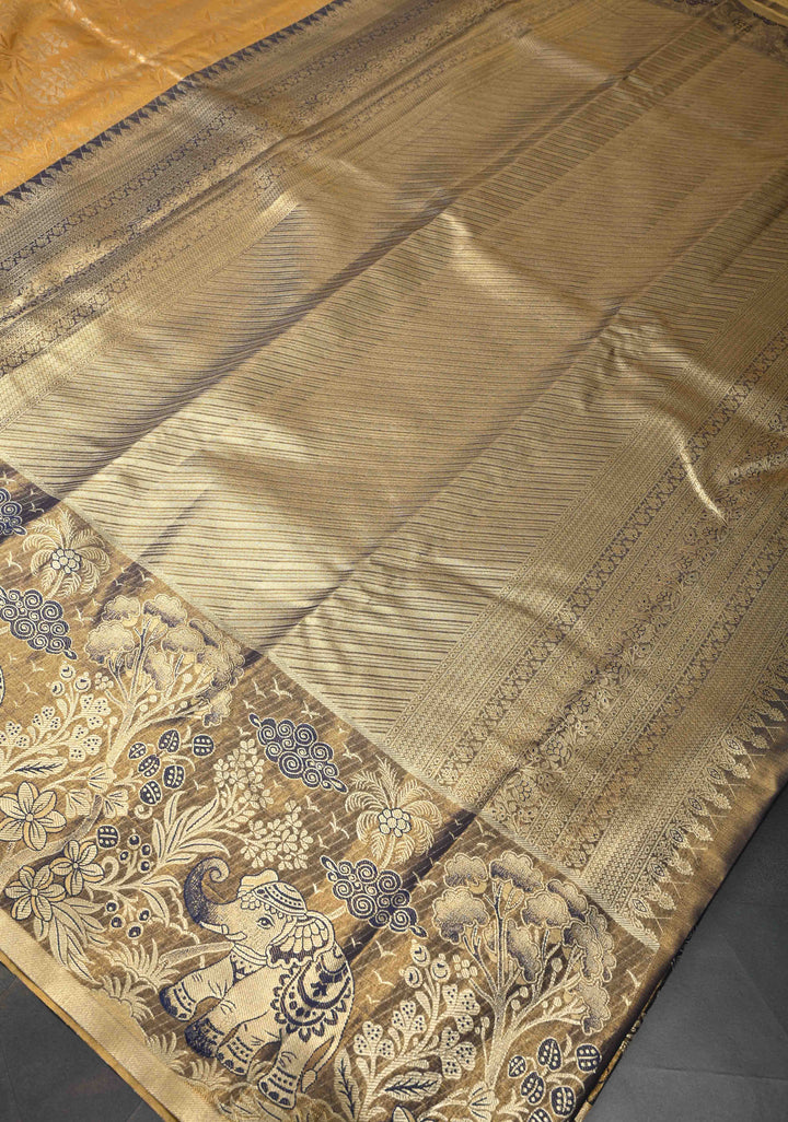 Mustard Yellow  Brocade Meenakari Semi Silk Tissue Kanjivaram Saree with Elephant Floral Motifs Zari Border