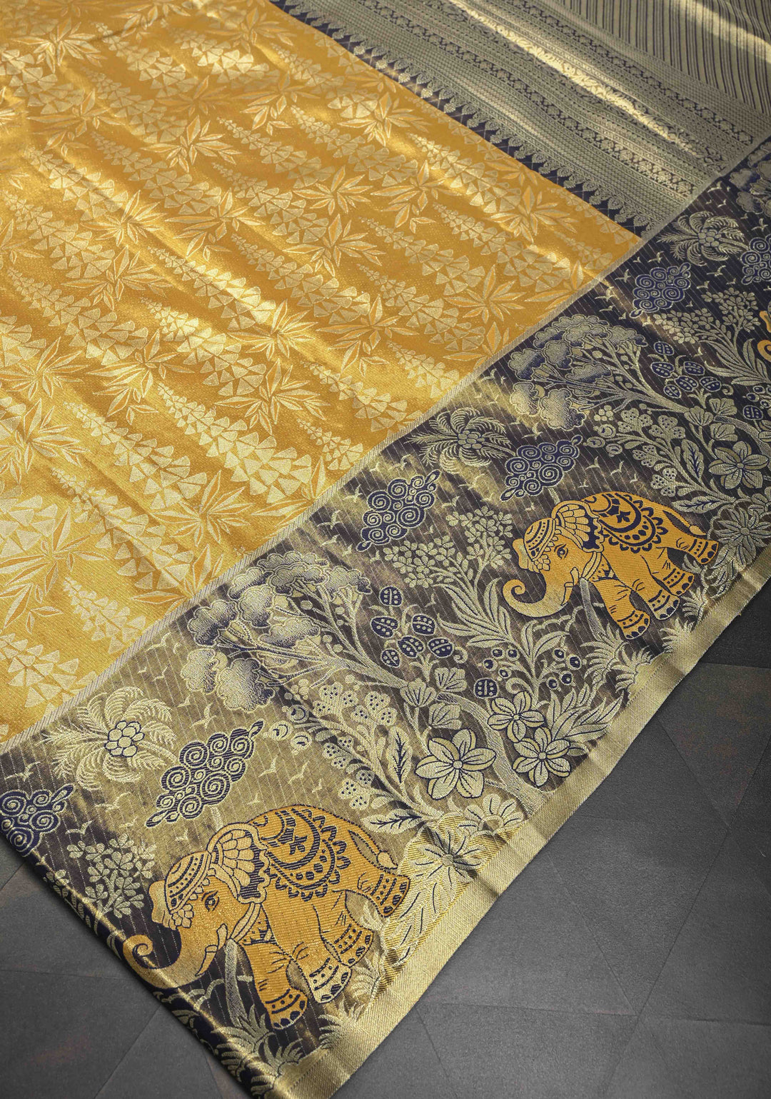 Mustard Yellow  Brocade Meenakari Semi Silk Tissue Kanjivaram Saree with Elephant Floral Motifs Zari Border
