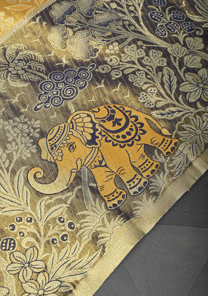 Mustard Yellow  Brocade Meenakari Semi Silk Tissue Kanjivaram Saree with Elephant Floral Motifs Zari Border