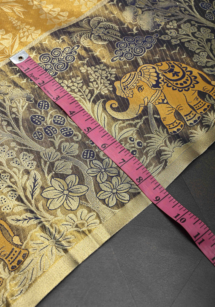Mustard Yellow  Brocade Meenakari Semi Silk Tissue Kanjivaram Saree with Elephant Floral Motifs Zari Border