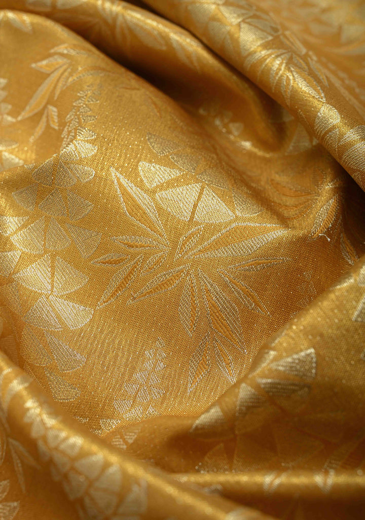 Mustard Yellow  Brocade Meenakari Semi Silk Tissue Kanjivaram Saree with Elephant Floral Motifs Zari Border