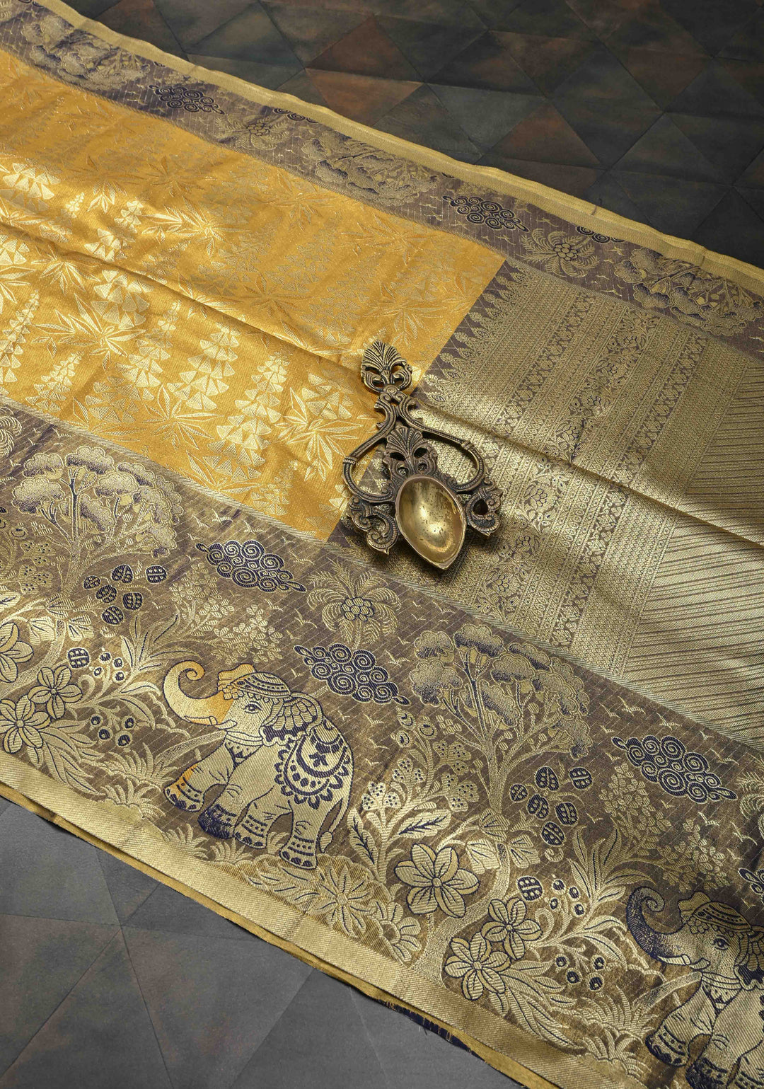 Mustard Yellow  Brocade Meenakari Semi Silk Tissue Kanjivaram Saree with Elephant Floral Motifs Zari Border