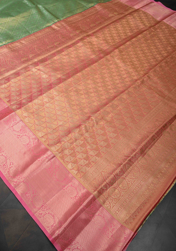 Green Kanjivaram Tissue Semi Silk Saree with Brocade and Contrast Zari Border