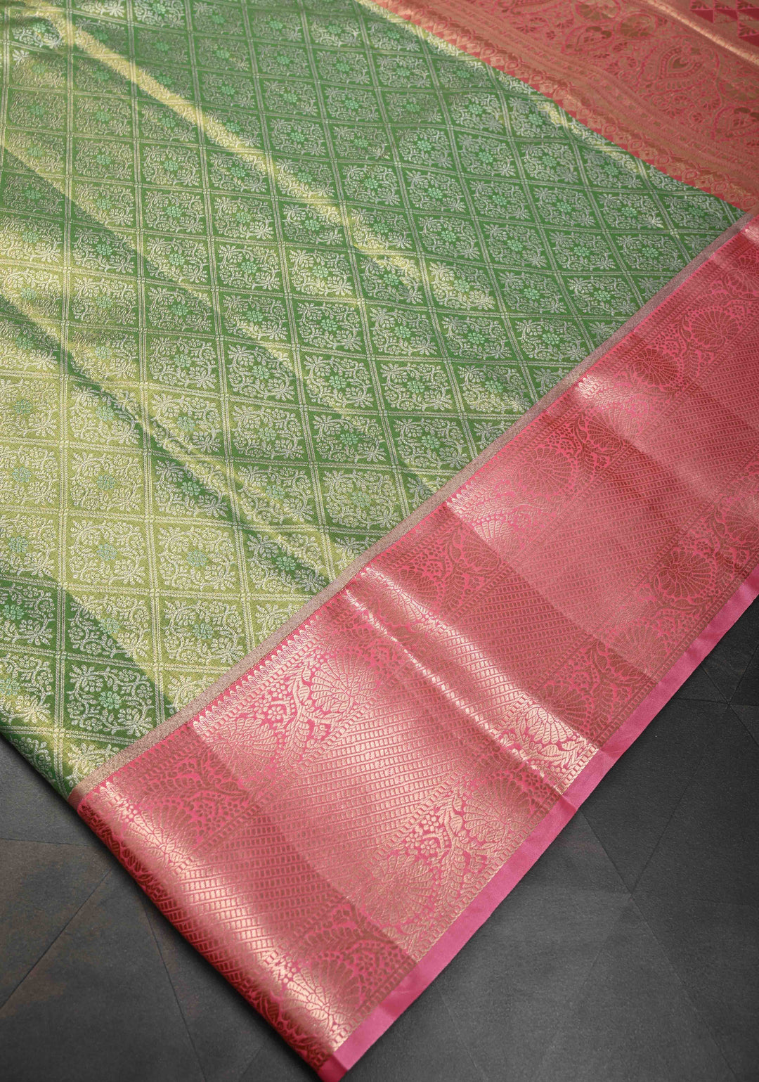 Green Kanjivaram Tissue Semi Silk Saree with Brocade and Contrast Zari Border