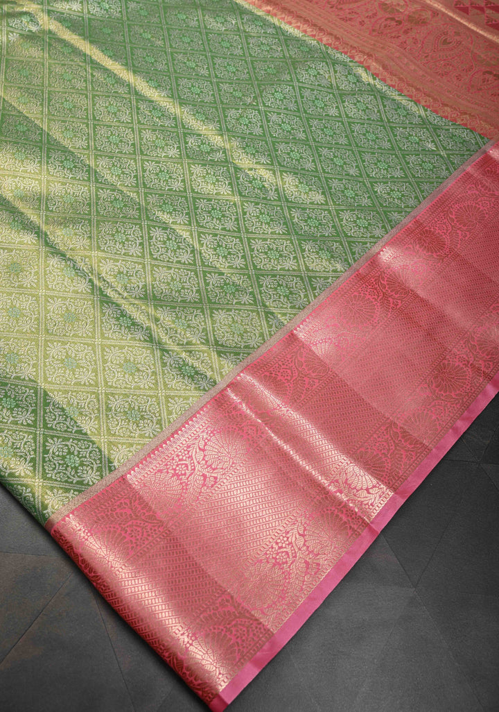 Green Kanjivaram Tissue Semi Silk Saree with Brocade and Contrast Zari Border